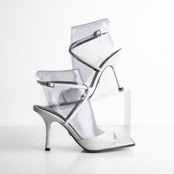 Zara Womens White Faux Leather Sandals Heels asymmetric strap US 7.5 EU 38 NWT - Picture 2 of 8